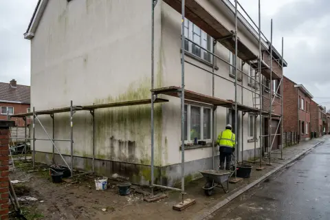 Groene algenaanslag op een bepleisterde gevel aan de noordzijde