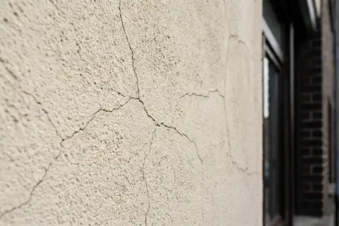 Haarscheuren in een verweerde buitenpleister van dichtbij