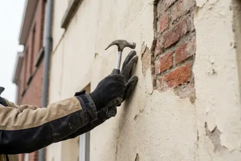 Hol klinkende buitenpleister die met de hamer wordt afgeklopt