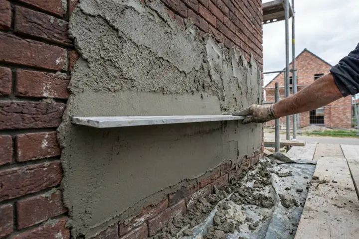 Grondlaag die met de rei over een bakstenen buitengevel wordt uitgevlakt