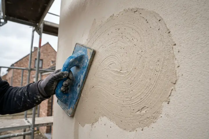 Sierpleister met korrel die met de plastic spaan in een ronde beweging wordt geschuurd